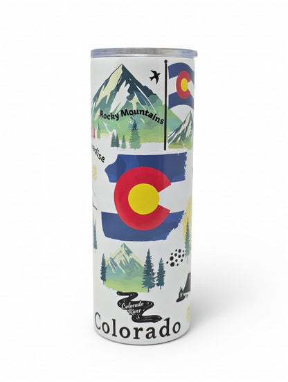 Colorado 20 oz Skinny Tumbler – Rocky Mountains Travel Cup, Colorado Flag Stainless Steel Tumbler, Adventure Gift, Souvenir Drinkware with Lid & Straw