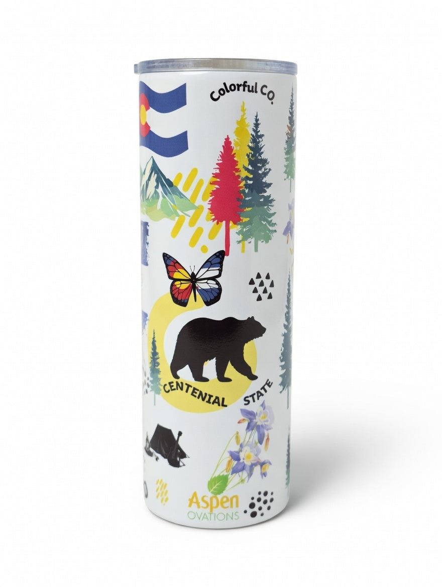 Colorado 20 oz Skinny Tumbler – Rocky Mountains Travel Cup, Colorado Flag Stainless Steel Tumbler, Adventure Gift, Souvenir Drinkware with Lid & Straw