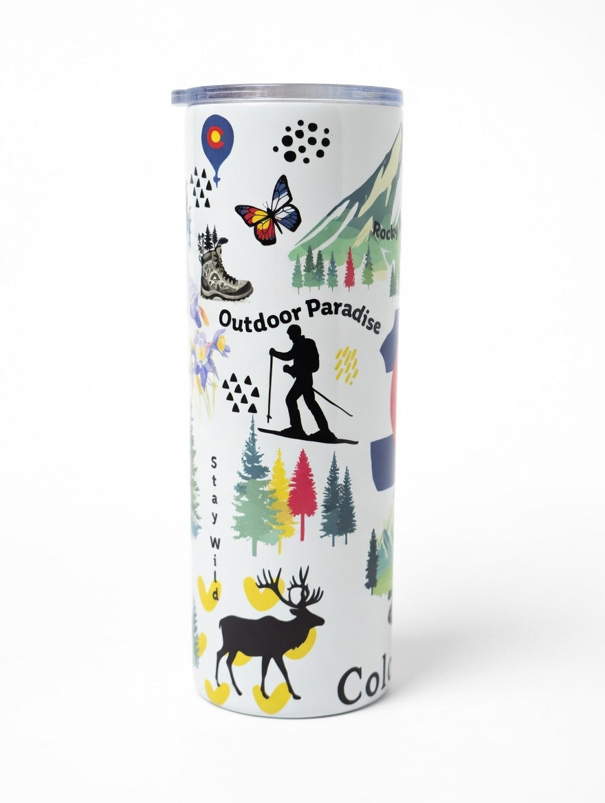 Colorado 20 oz Skinny Tumbler – Rocky Mountains Travel Cup, Colorado Flag Stainless Steel Tumbler, Adventure Gift, Souvenir Drinkware with Lid & Straw