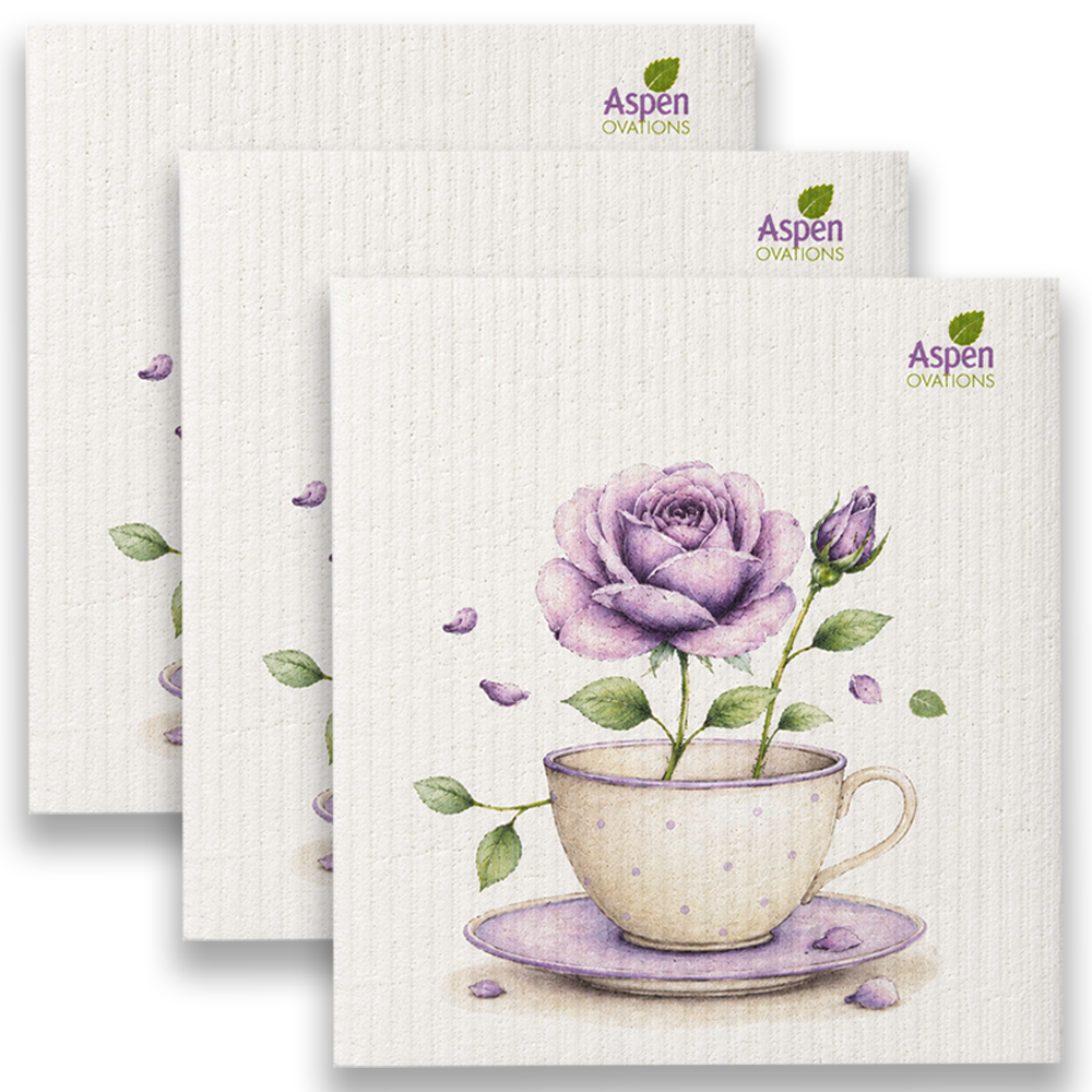 Floral Tea Cup Swedish Dishcloth | Lavender Rose Kitchen Decor | Reusable Sponge Cloth