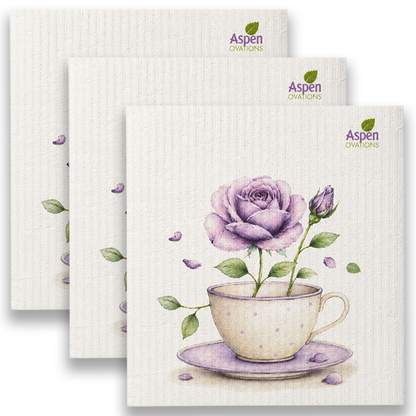 Floral Tea Cup Swedish Dishcloth | Lavender Rose Kitchen Decor | Reusable Sponge Cloth
