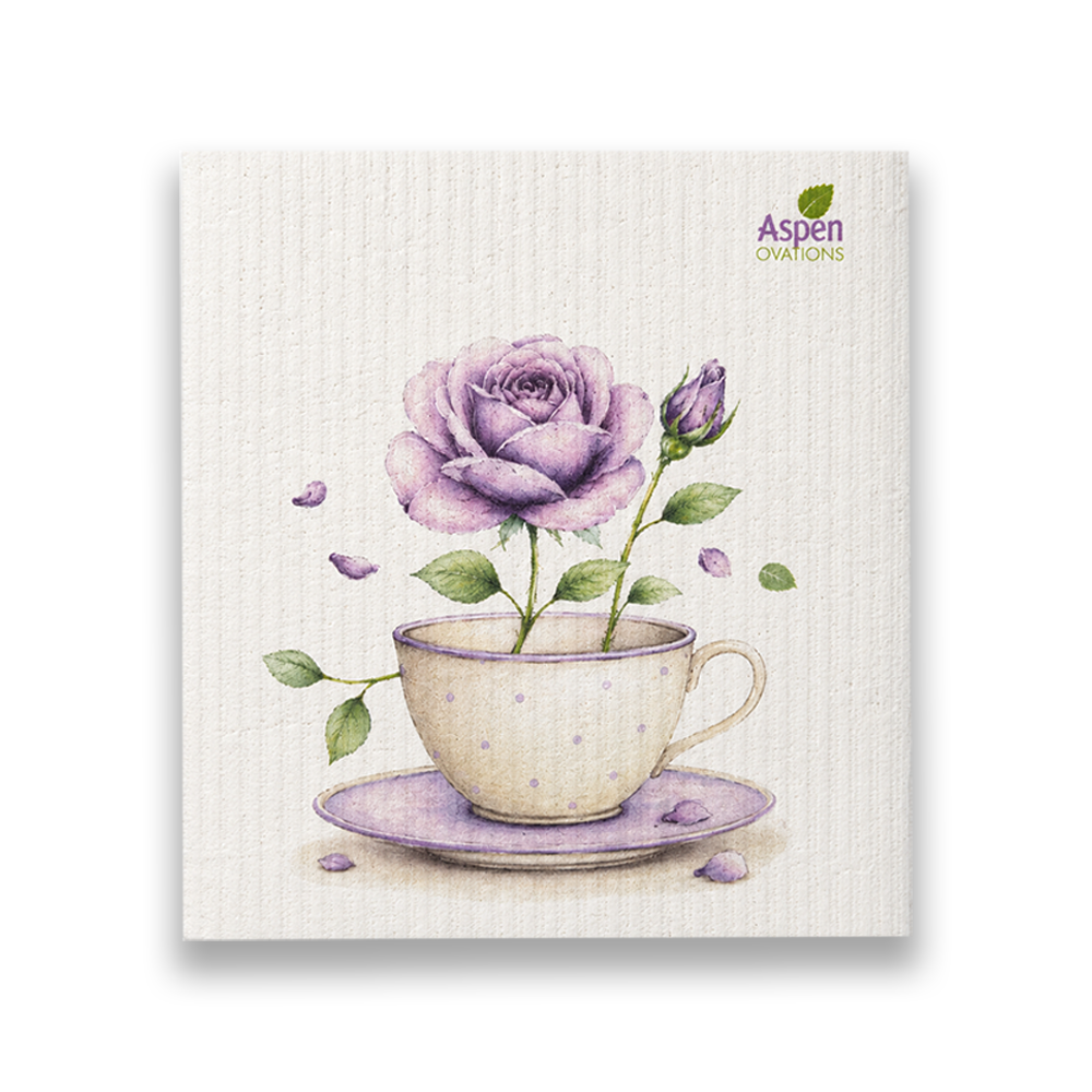 Floral Tea Cup Swedish Dishcloth | Lavender Rose Kitchen Decor | Reusable Sponge Cloth