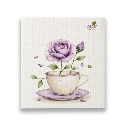 Floral Tea Cup Swedish Dishcloth | Lavender Rose Kitchen Decor | Reusable Sponge Cloth