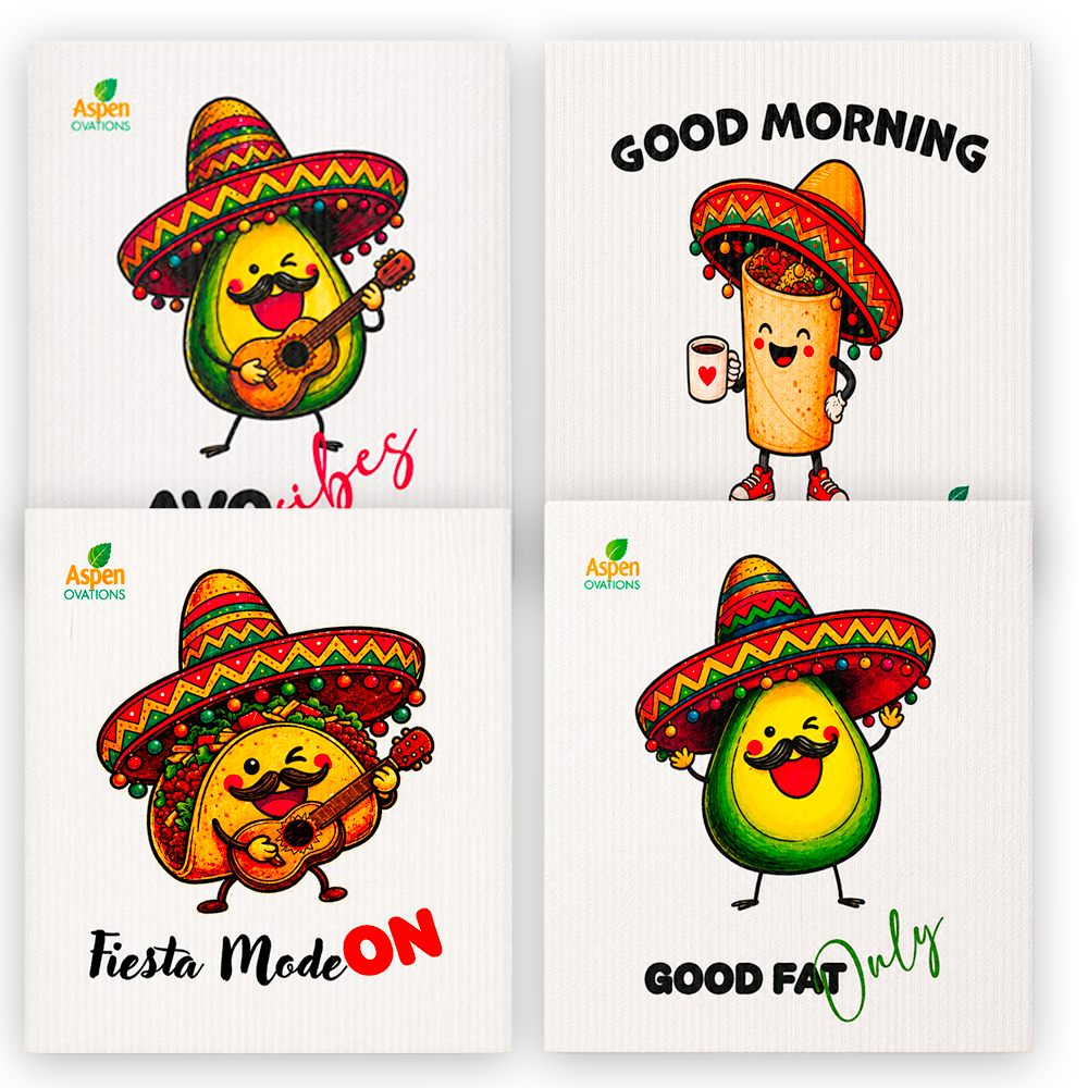 Mexican Fiesta Swedish Dishcloth Set | Funny Taco Avocado Chili Pepper Kitchen Cloths | Reusable Eco Friendly Sponge Cloth Bundle | Cinco de Mayo Decor Gift Set