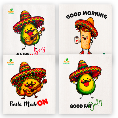 Mexican Fiesta Swedish Dishcloth Set | Funny Taco Avocado Chili Pepper Kitchen Cloths | Reusable Eco Friendly Sponge Cloth Bundle | Cinco de Mayo Decor Gift Set