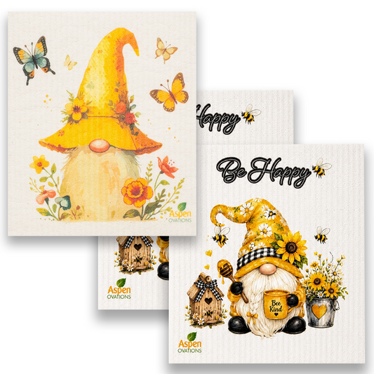 Mixed Gnome & Honey set of 3 Swedish Dishcloth | Lily Pad Kitchen Decor | Cottagecore Eco