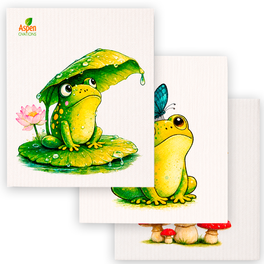 Mixed Cute Frog Swedish Dishcloth | Mushroom Kitchen Decor | Cottagecore Eco Cloth