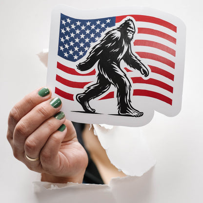 Patriotic Bigfoot Sticker – Sasquatch & American Flag Vinyl Decal – Waterproof Sticker for Laptops, Water Bottles & Cars