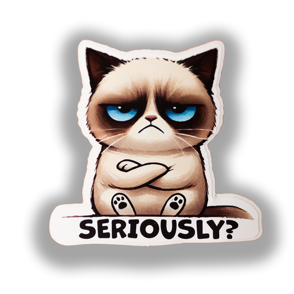 5 pc Grumpy Cat Sticker - Funny "Seriously?" Meme Vinyl Decal | Sarcastic Cat Sticker for Laptops, Water Bottles & Gift Ideas