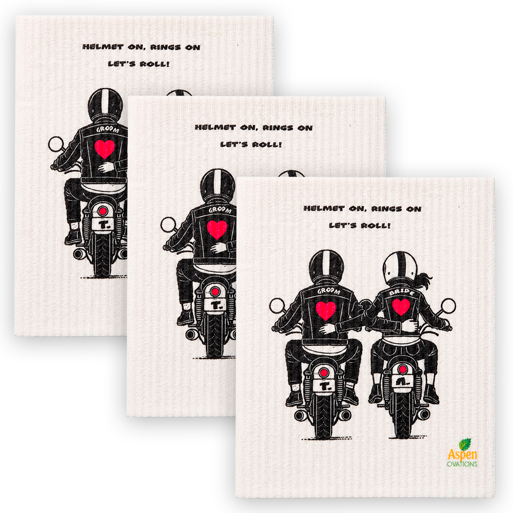 Wedding Swedish Dishcloth Set of 3 dishclotsh Bride Groom Motorcycle | Funny Wedding Gift Dishcloth | Eco Friendly Reusable Kitchen Cloth | Bridal Shower Gift Idea