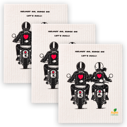 Wedding Swedish Dishcloth Set of 3 dishclotsh Bride Groom Motorcycle | Funny Wedding Gift Dishcloth | Eco Friendly Reusable Kitchen Cloth | Bridal Shower Gift Idea